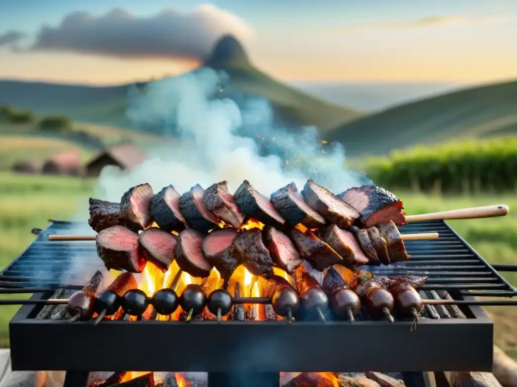 Un asado tradicional uruguayo en un evento especial, con cortes de carne sobre brasas y un asador experto