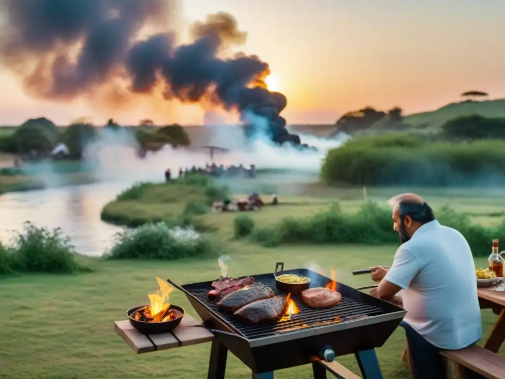 Un asado tradicional uruguayo exclusivo a orillas del Río de la Plata al atardecer