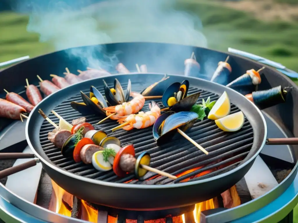 Un asado tradicional uruguayo con frutos del mar y carne rodeado de naturaleza y amigos