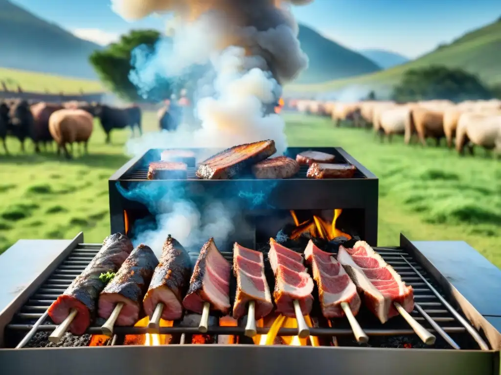 Un asado tradicional uruguayo cocinando sobre fuego abierto en el campo, evocando identidad y tradición culinaria