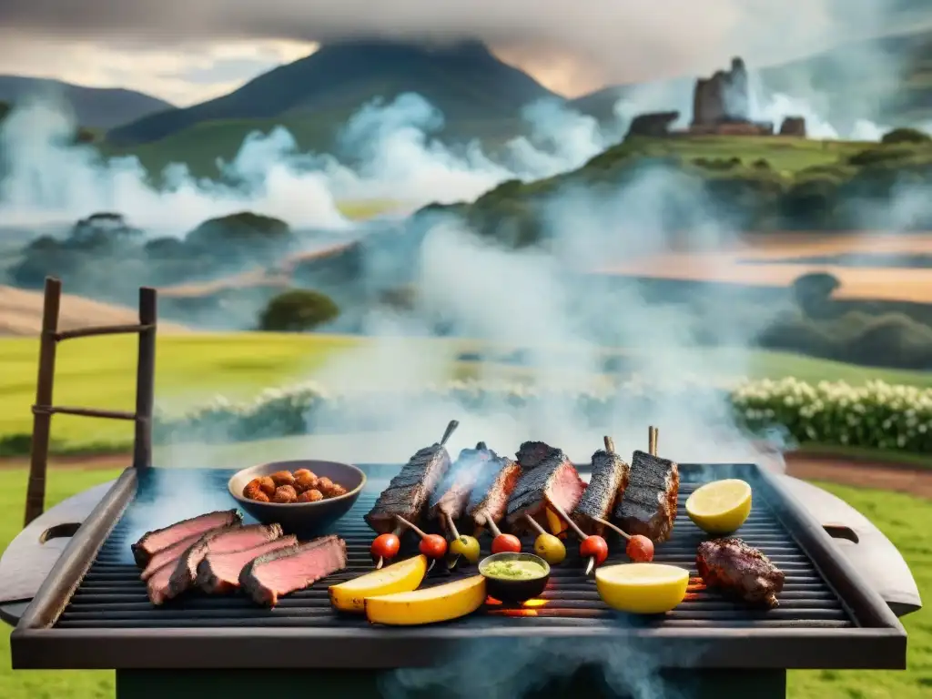 Un asado tradicional uruguayo con gauchos y paisaje campestre, capturando la historia del asado uruguayo