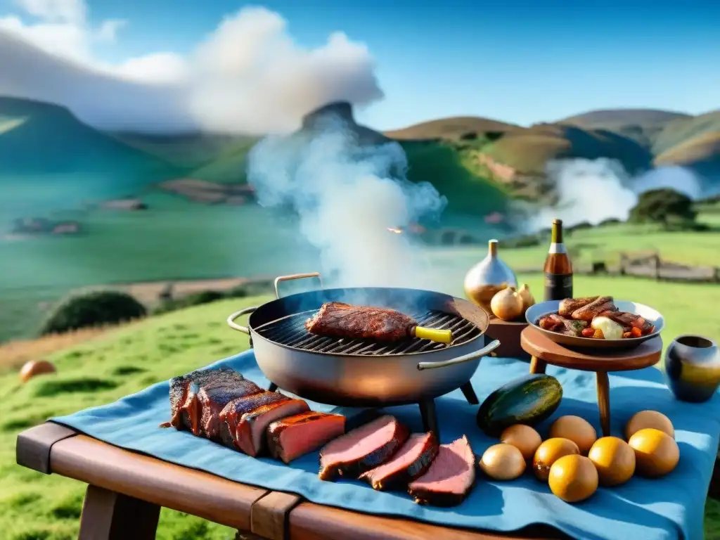 Un asado tradicional uruguayo con gauchos, familias y paisaje campestre