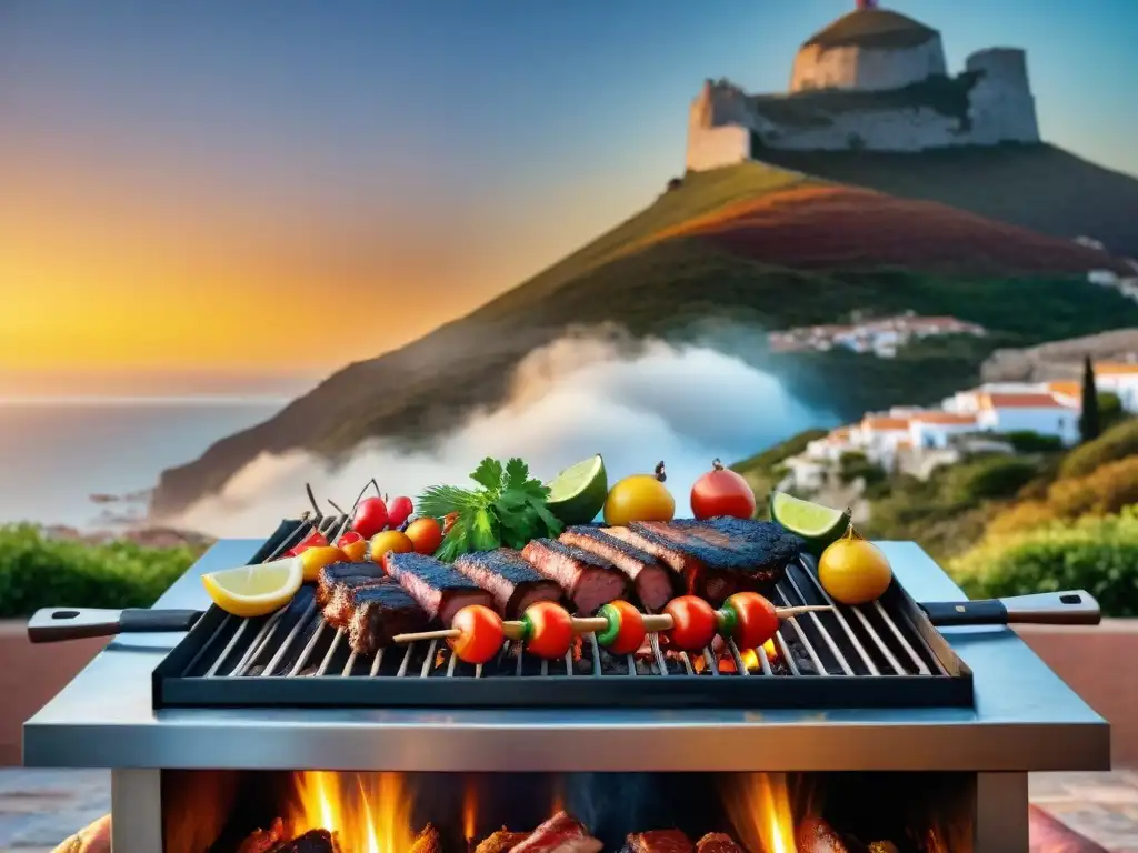 Un asado tradicional uruguayo con influencias griegas y turcas, iluminado por una puesta de sol mediterránea