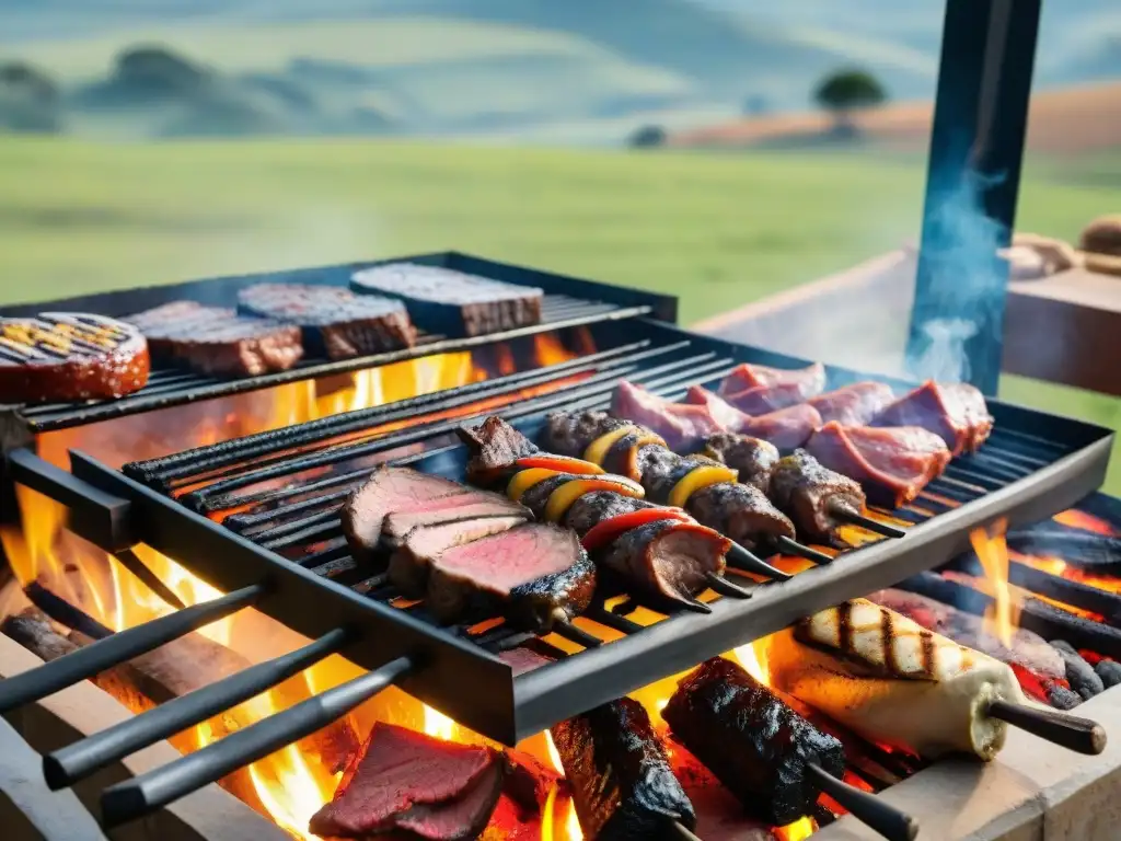 Un asado tradicional uruguayo lleno de carnes uruguayas exclusivas, mientras gauchos cocinan en la campiña