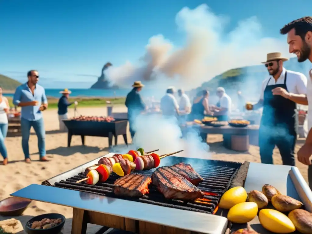 Un asado tradicional uruguayo en Maldonado: amigos y familia disfrutan de la carne en una playa pintoresca