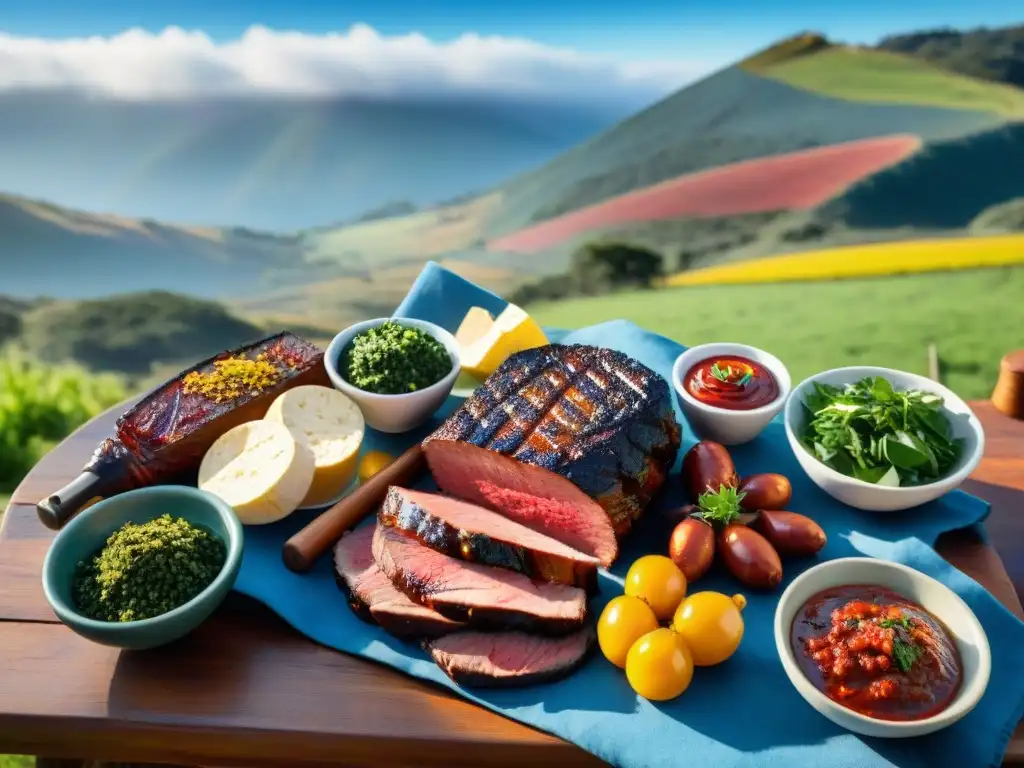 Un asado tradicional uruguayo con maridaje de vinos, carnes suculentas y chimichurri, en un entorno campestre