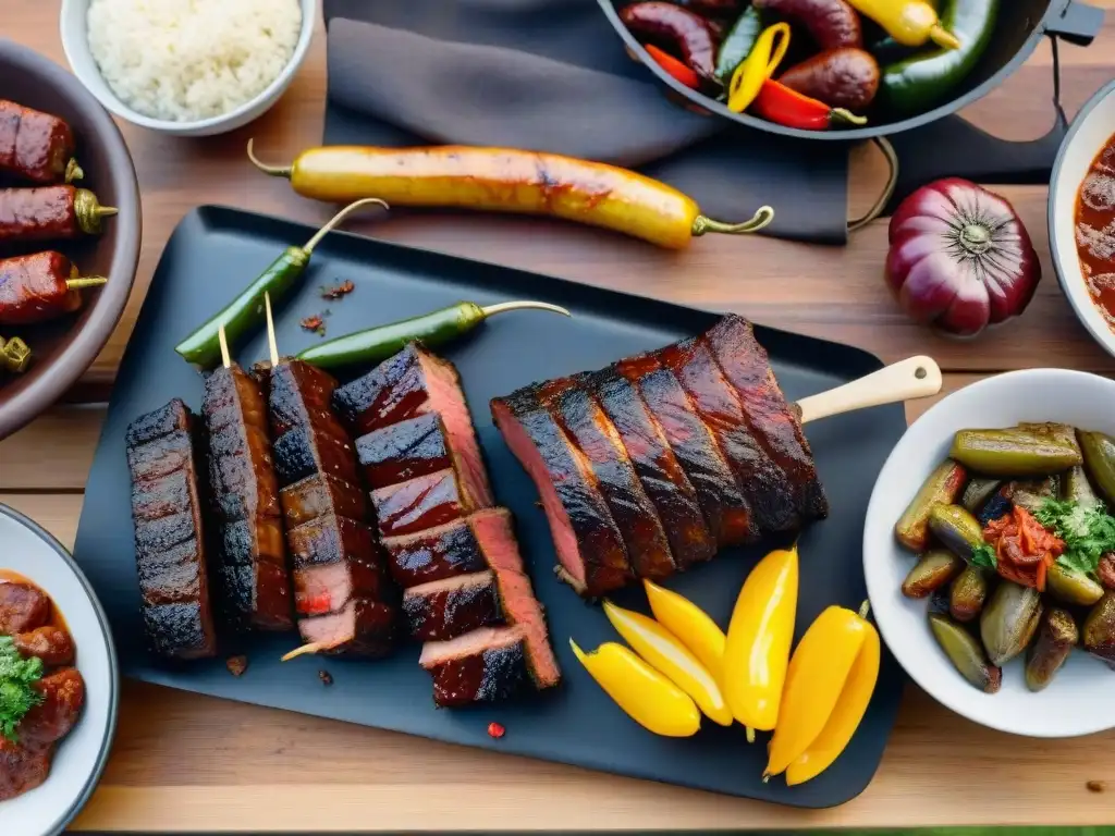 Un asado tradicional uruguayo en una mesa rústica iluminada por el fuego, con cortes de carne y vegetales a la parrilla