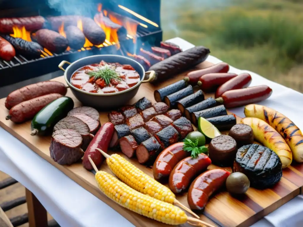 Un asado tradicional uruguayo en una mesa de madera rústica al aire libre, evocando los mejores asados estilo Uruguayo