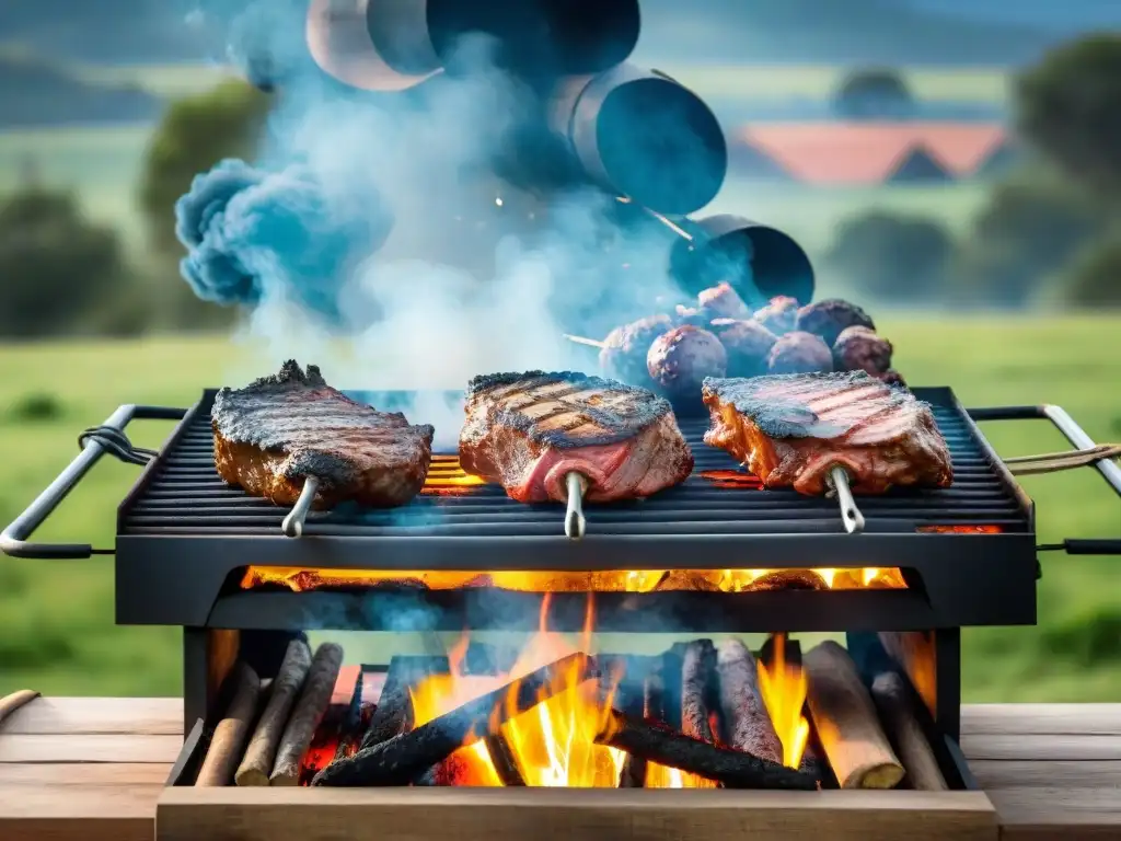 Un asado tradicional uruguayo cocinándose en una parrilla al aire libre, rodeado de exuberante campo y cielo azul