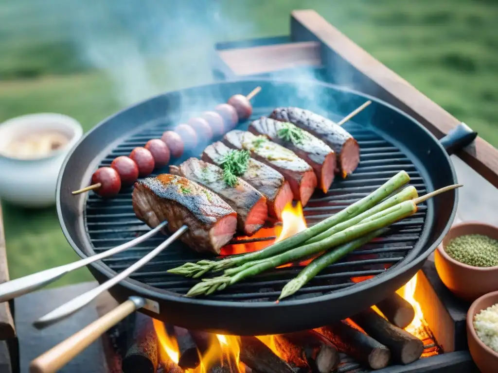 Un asado tradicional uruguayo en una parrilla de leña, con carnes suculentas cocinándose a la perfección