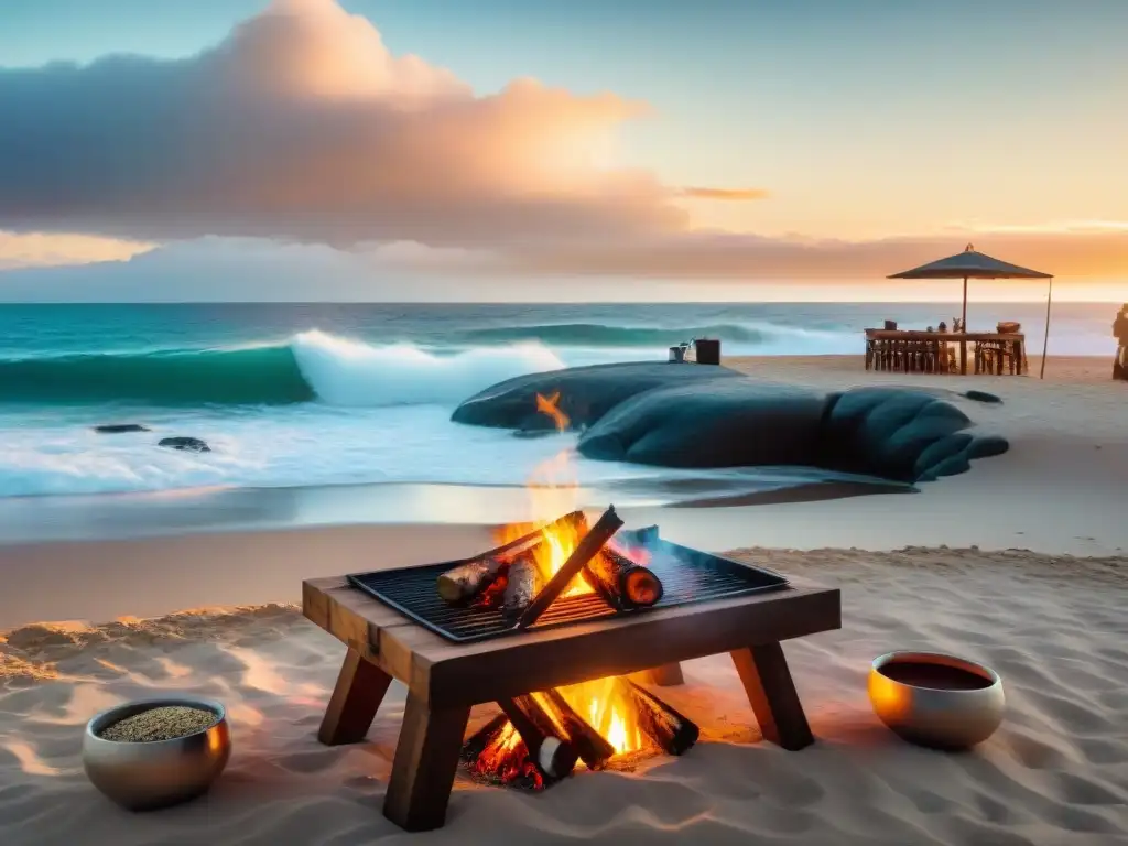 Un asado tradicional uruguayo en la playa de Maldonado al atardecer, con variedad de carnes a la parrilla y elementos gauchos