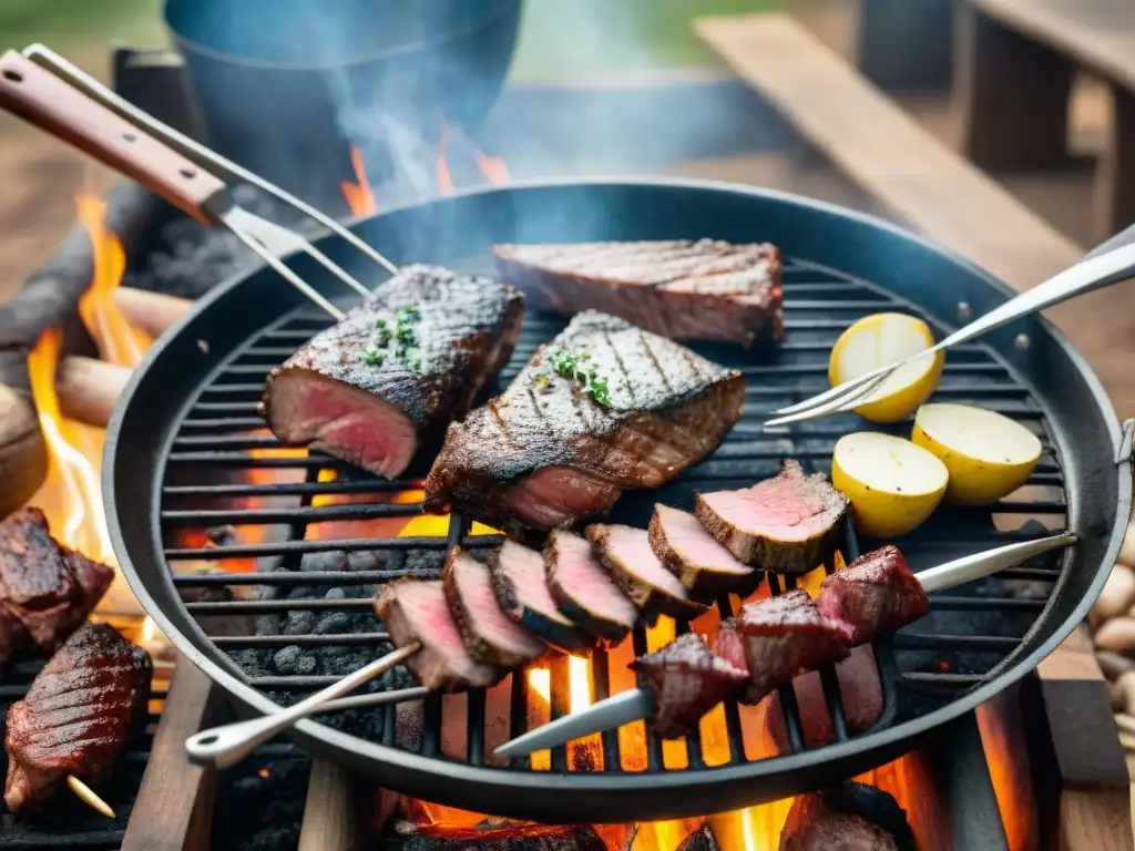 Un asado tradicional uruguayo en progreso con maestría, revelando los secretos asadores uruguayos maestros