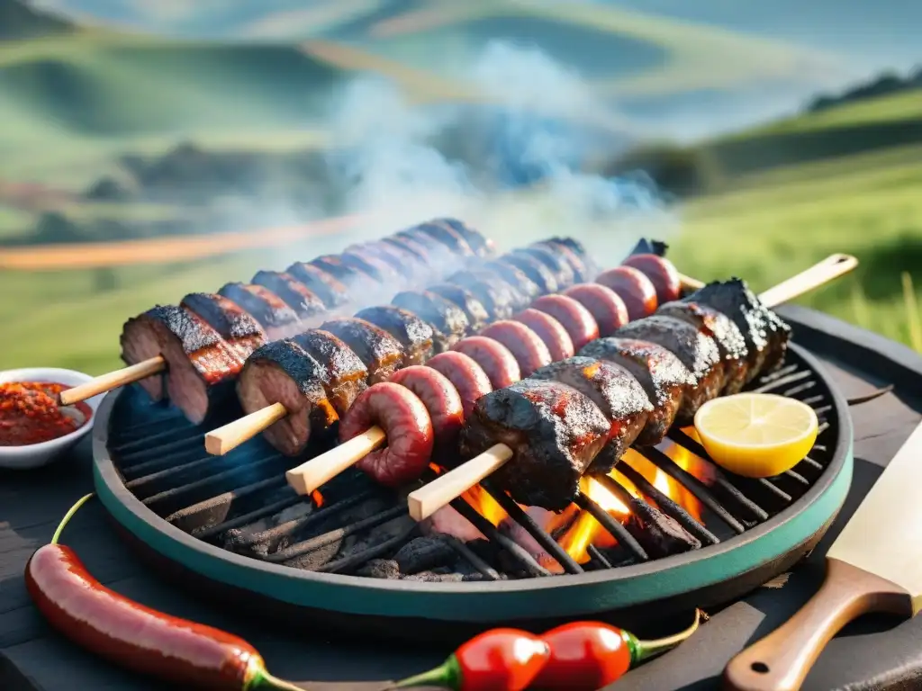 Un asado tradicional uruguayo rodeado de condimentos para potenciar su sabor, en un paisaje campestre pintoresco