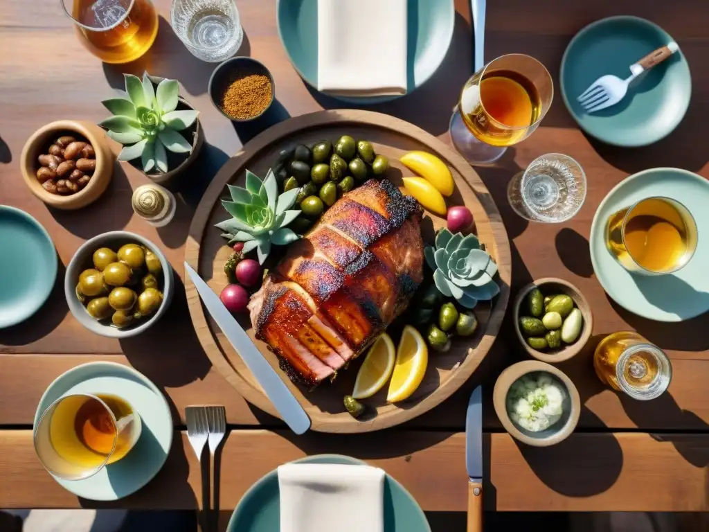 Un asado tradicional uruguayo con sidras uruguayas para asado de cerdo en una mesa rústica y soleada