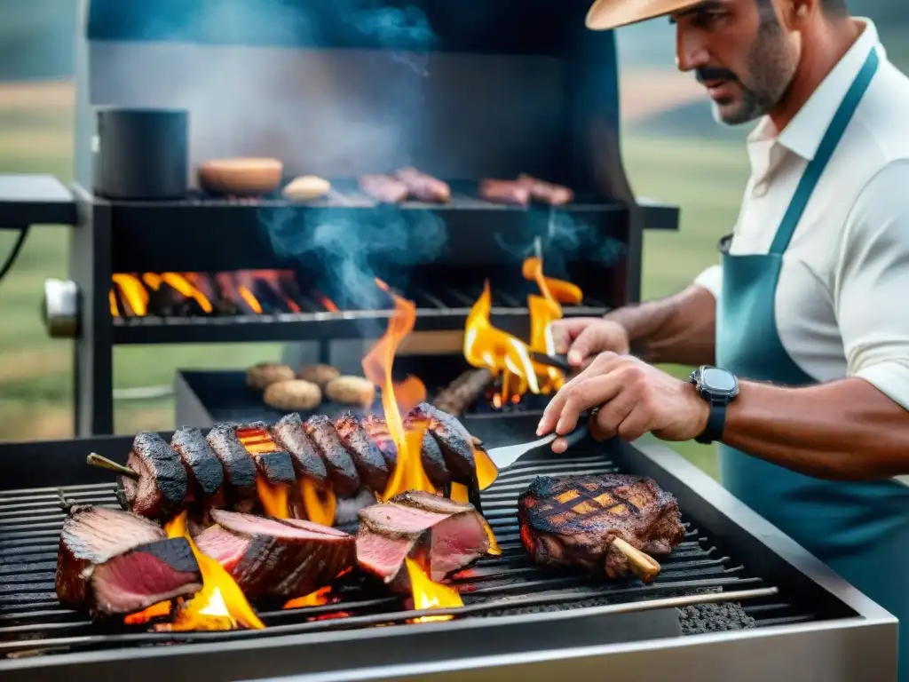 Un asado tradicional uruguayo con tecnología futurista, fusionando lo antiguo con lo moderno