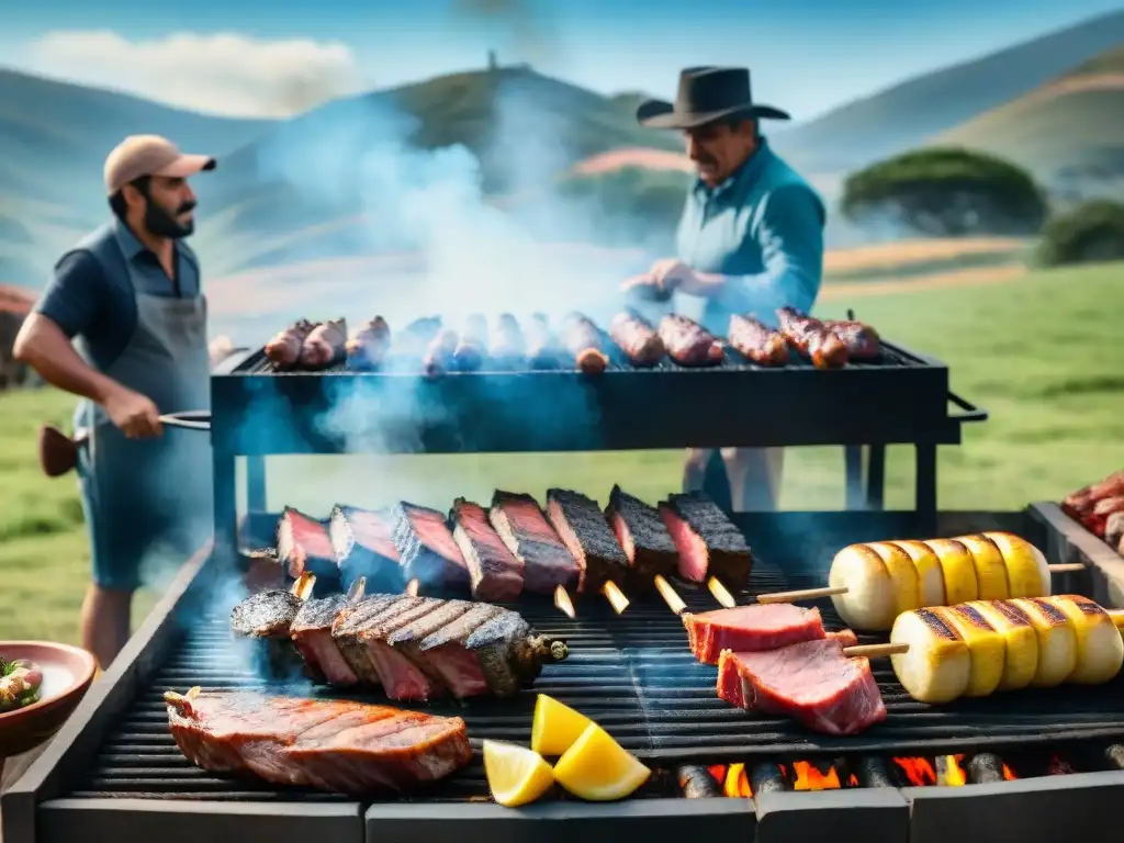 Un asado tradicional uruguayo con diferentes tipos de carnes jugosas cocinando en una parrilla, rodeado de amigos y familiares en el campo