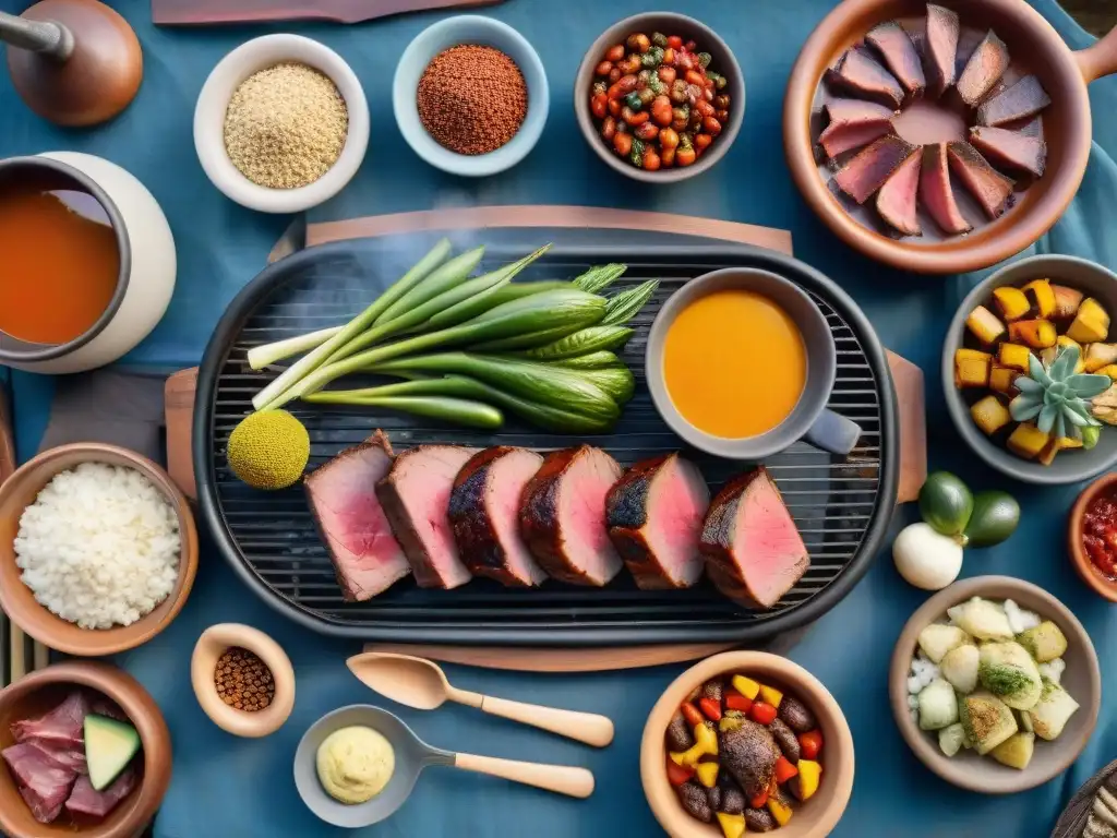 Un asado tradicional uruguayo con una variedad de carnes y guarniciones coloridas, en un entorno campestre al atardecer