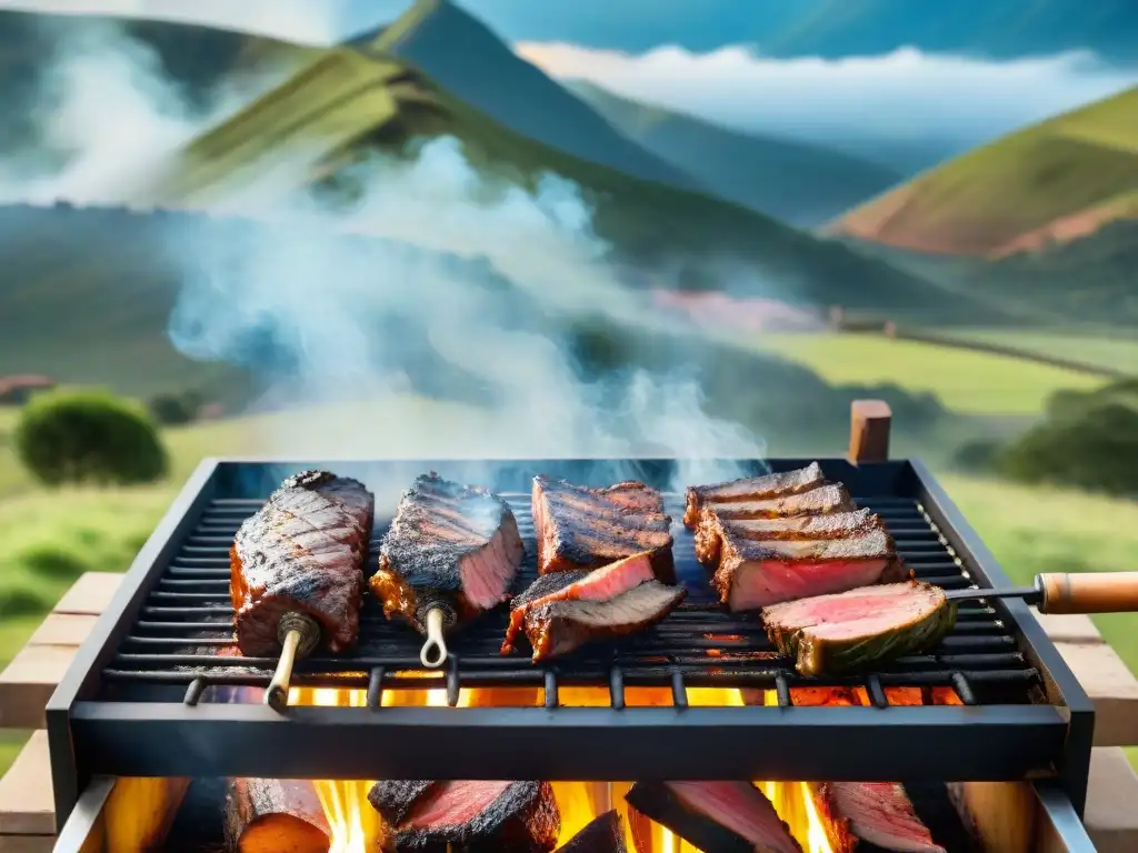 Un asado tradicional uruguayo con variedad de cortes magros sizzling sobre brasas, rodeado de paisaje campestre