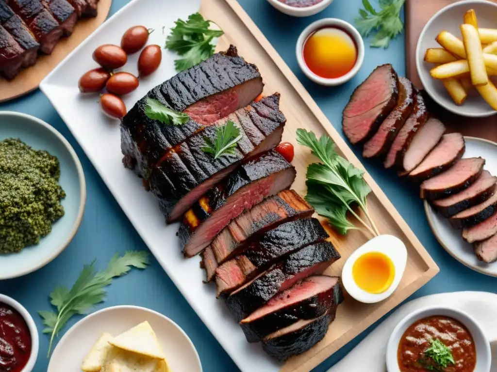 Un asado tradicional uruguayo virtual al atardecer con churrasco, morcilla, chorizo, chimichurri y vino Tannat