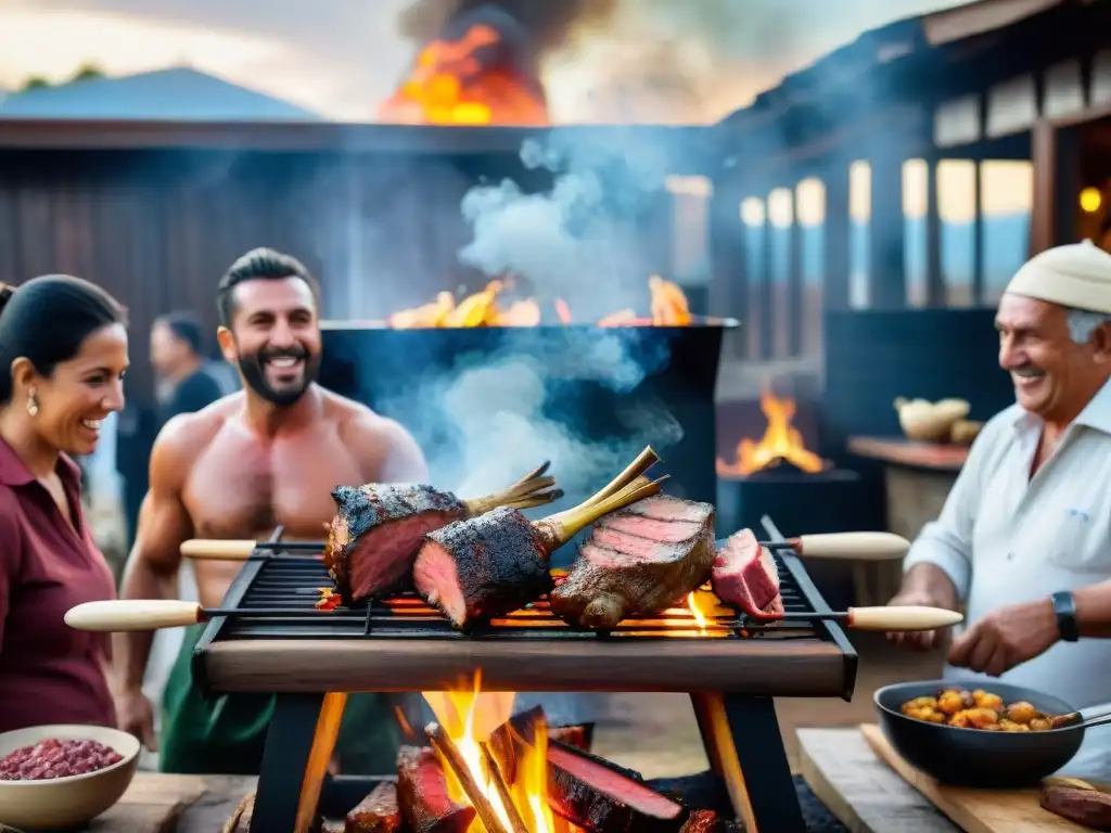 Celebración en Uruguay: Asado tradicional con variedad de carnes asándose en parrilla, resaltando la importancia del asado en celebraciones