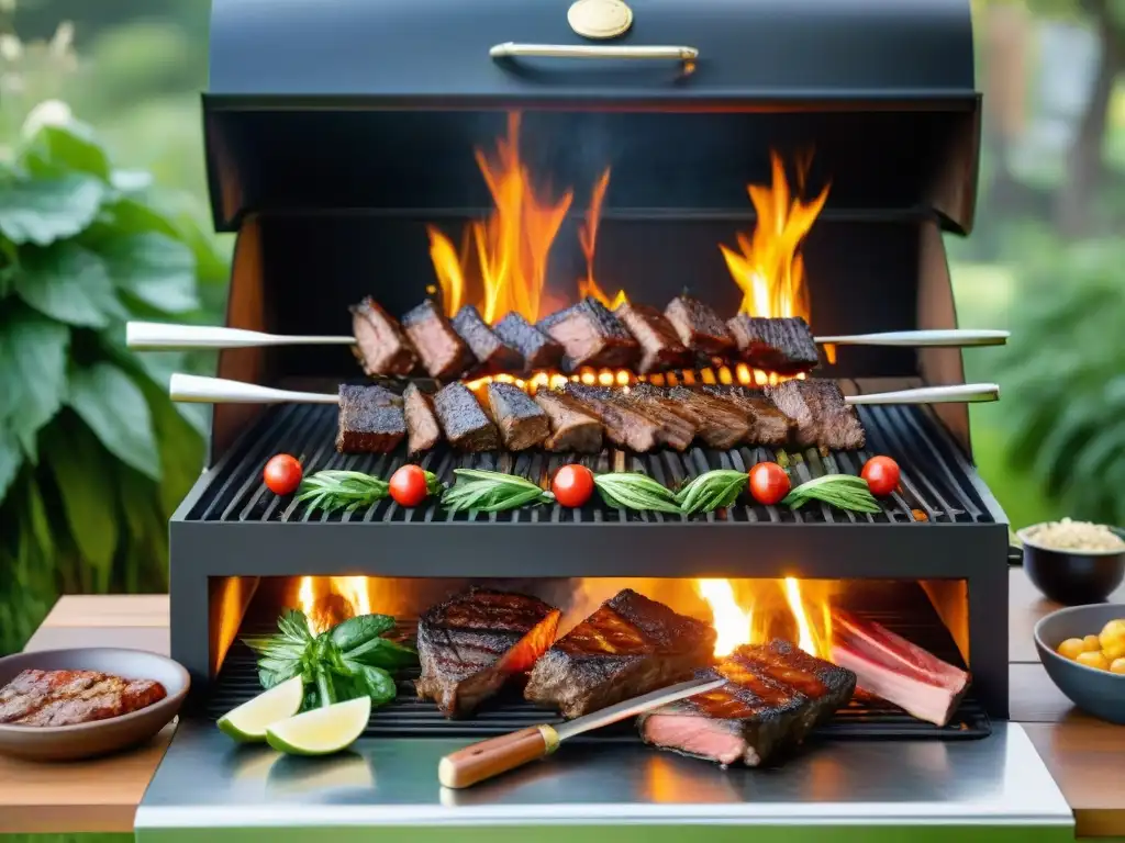 Un asado uruguayo con accesorios premium, carne, chorizos y vegetales en un jardín soleado, con un asador experto y feliz