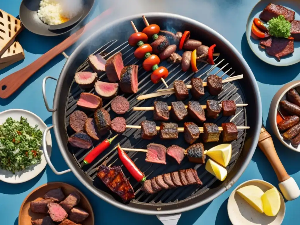 Un asado uruguayo con achuras variadas en una parrilla, rodeado de utensilios y vegetales frescos