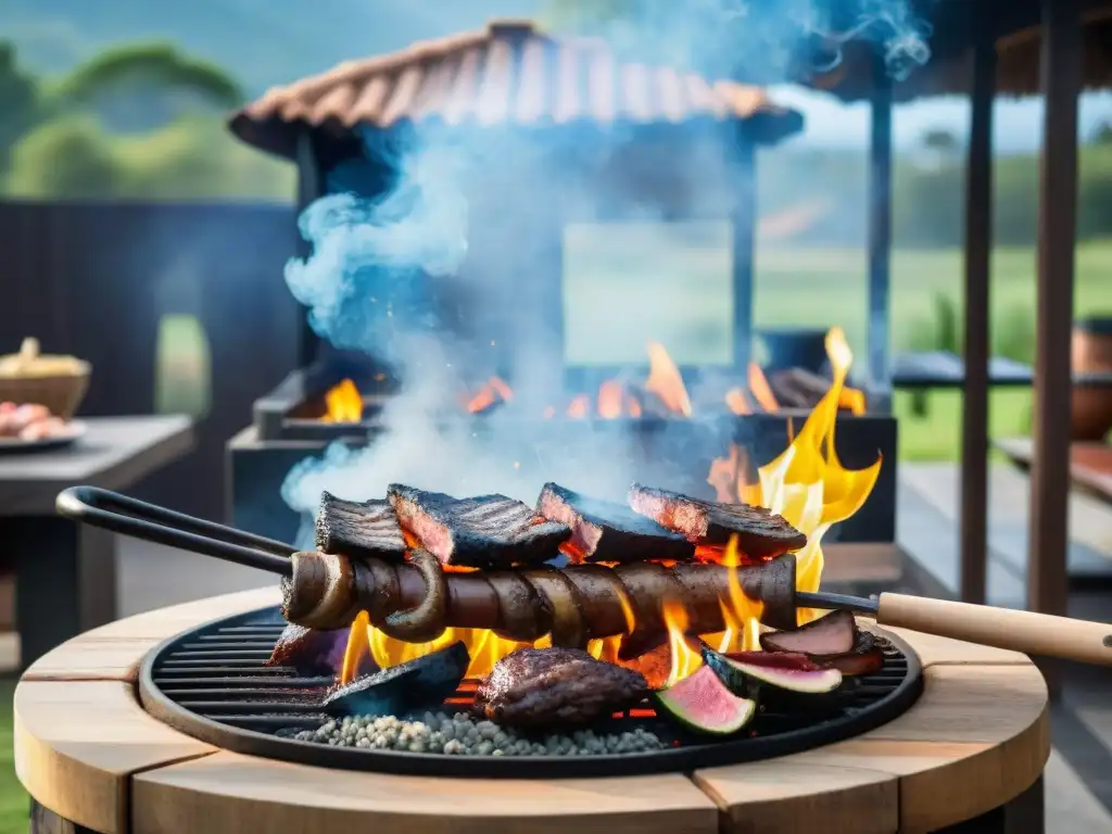 Un asado uruguayo con achuras variadas sizzling sobre brasas, rodeado de naturaleza y amigos