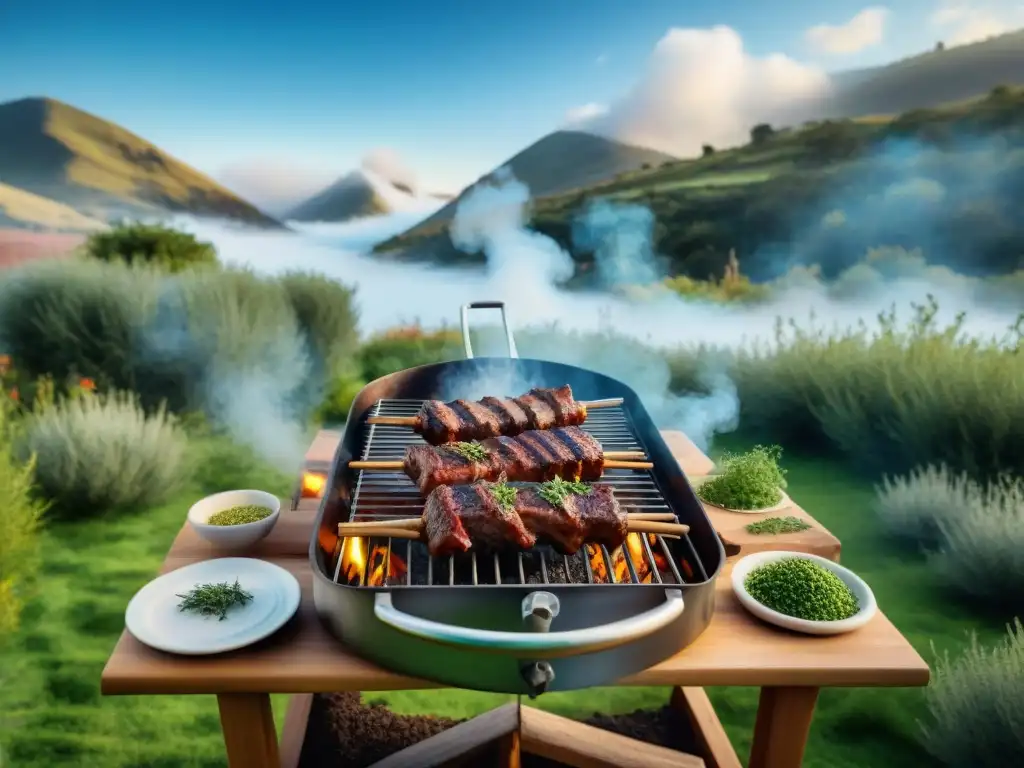 Preparando un asado uruguayo al aire libre con hierbas naturales, sabor y naturaleza