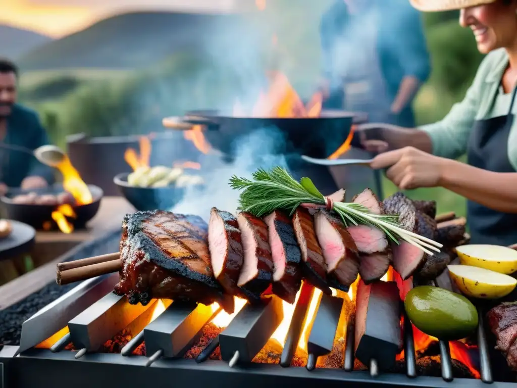 Un asado uruguayo con amigos al atardecer, sizzling grill y condimentos, evocando camaradería y alegría