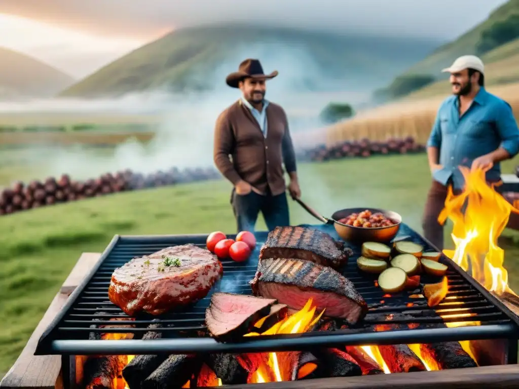 Reunión alrededor del asado uruguayo con amigos y familia en el campo