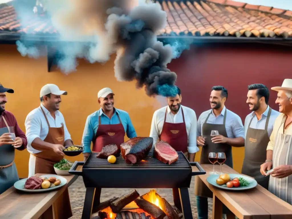 Asado uruguayo: reunión festiva alrededor de la parrilla Un asado uruguayo: amigos y familia alrededor de la parrilla con carne sizzling