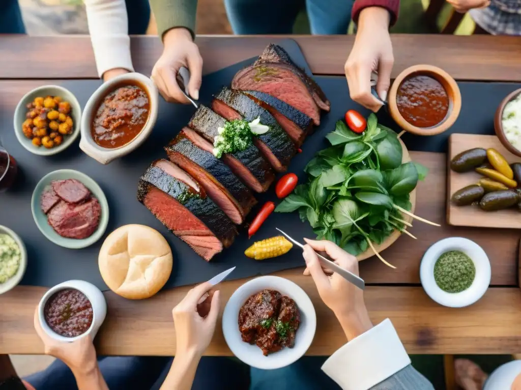 Disfrutando de un asado uruguayo entre amigos y familiares en un ambiente campestre rústico