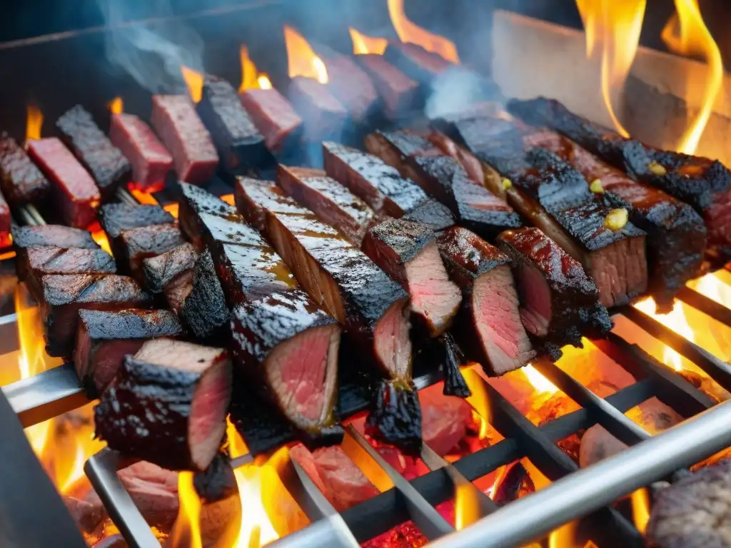 Un asado uruguayo perfectamente asado con chorizo, morcilla y vacío, caramelizados y con una costra crujiente, ideal para festivales de asado uruguayo