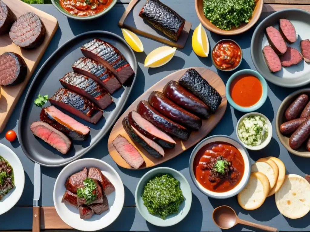 Un asado uruguayo auténtico en el campo al atardecer con amigos y familia, salsas y condimentos