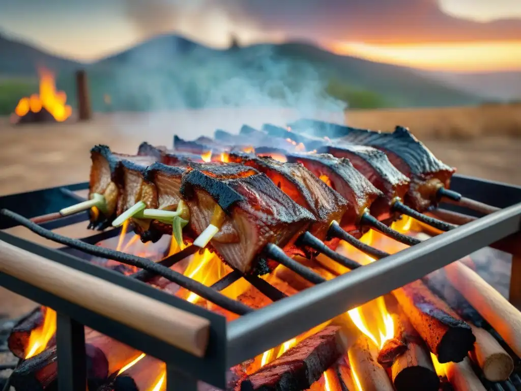 Un asado uruguayo auténtico, con un costillar a la estaca dorado y jugoso, cocinándose a la parrilla en un escenario campestre con gauchos