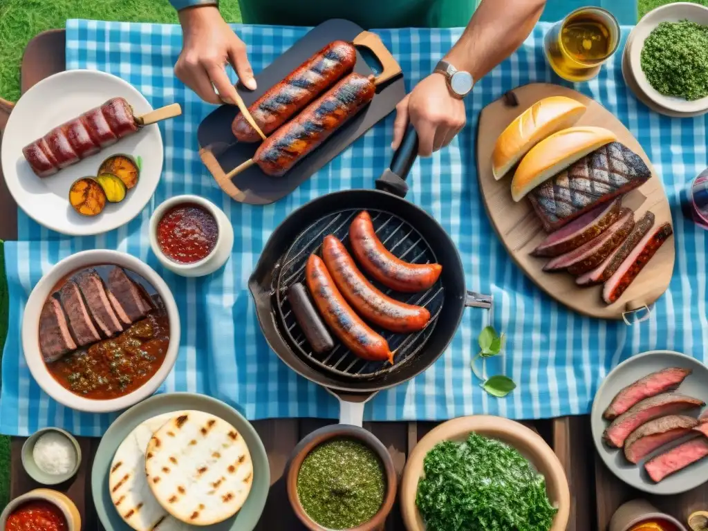 Organizar asado uruguayo auténtico: Escena detallada de amigos preparando un asado en un entorno campestre, con carne y vegetación