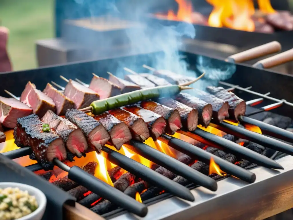 Organizar asado uruguayo auténtico: Parrilla tradicional con carnes jugosas, amigos riendo y chimichurri en mesa rústica al atardecer