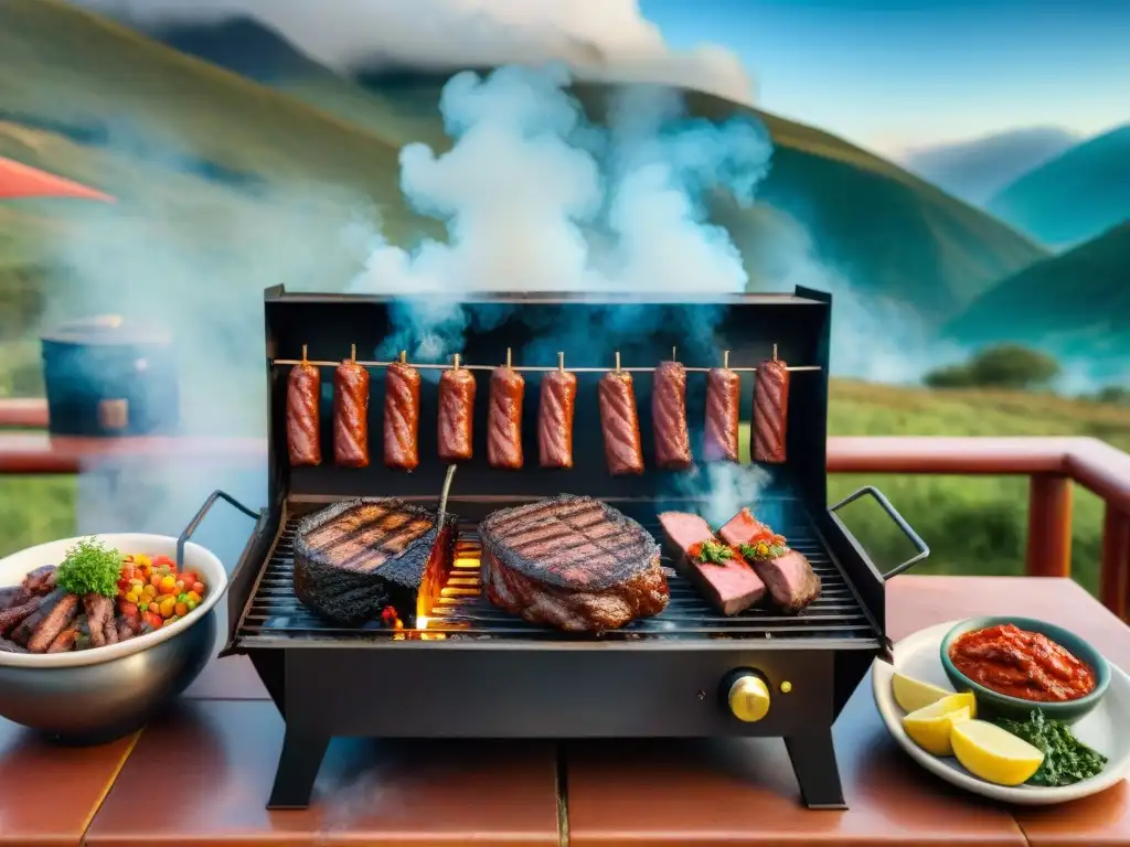 Un asado uruguayo auténtico con salsas y condimentos, cocinando carnes en la parrilla al aire libre