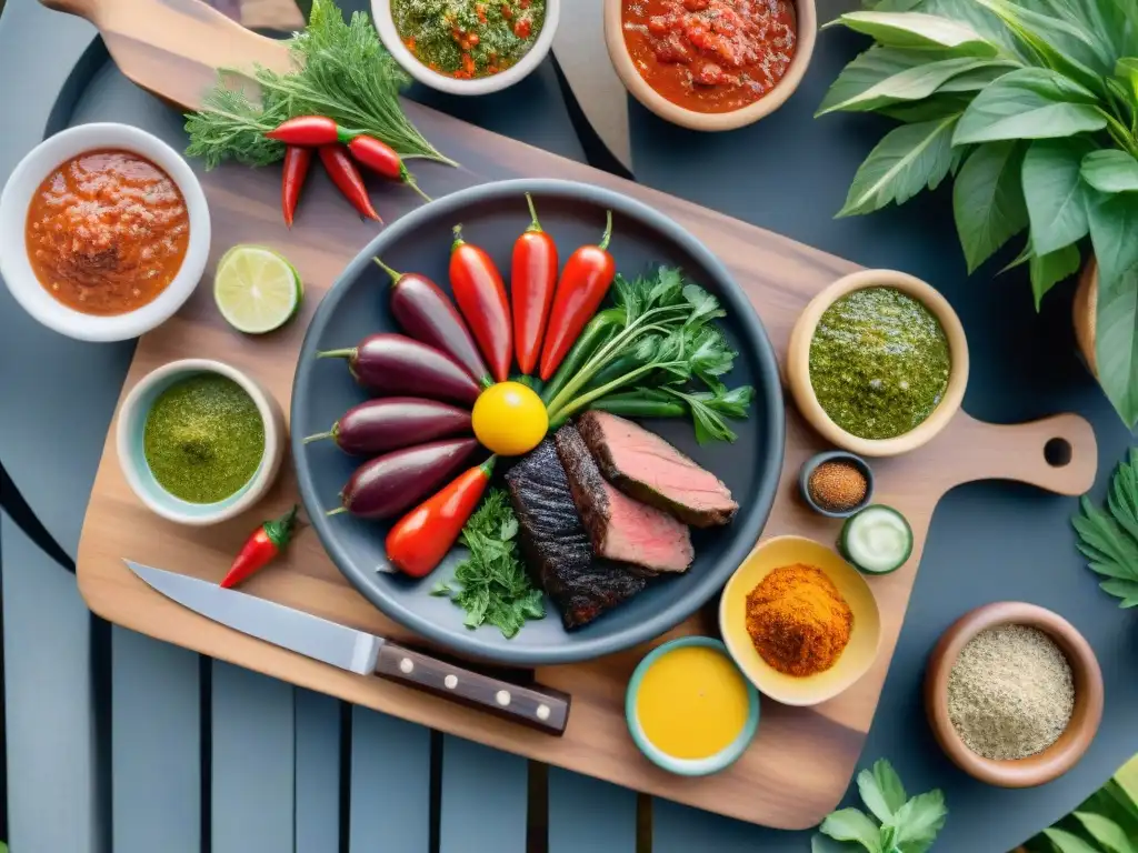 Un asado uruguayo auténtico con salsas y condimentos gourmet, listo para saborear al aire libre