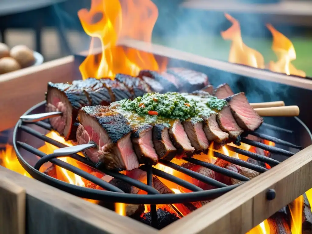 Deléitate con un asado uruguayo auténtico, salsas y condimentos en un entorno rústico
