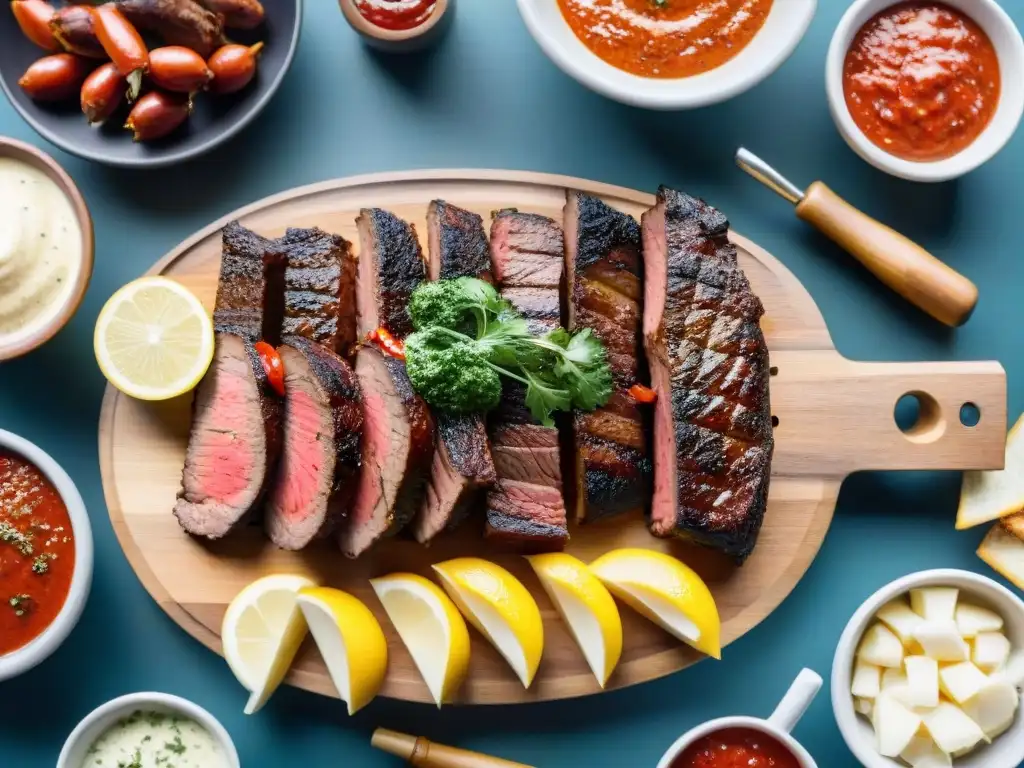Un asado uruguayo auténtico con salsas y condimentos, un festín de sabores y colores