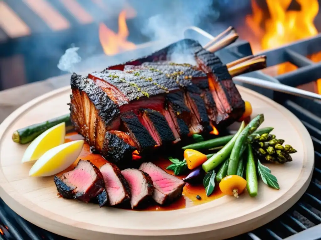 Un asado uruguayo a baja temperatura: costillas perfectamente doradas, jugosa carne rosa y vegetales sobre una tabla rústica, con la parrilla al fondo