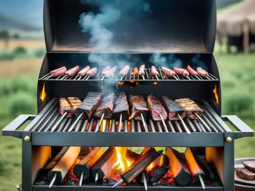 Un asado uruguayo a baja temperatura cocinándose lentamente al aire libre en un entorno campestre