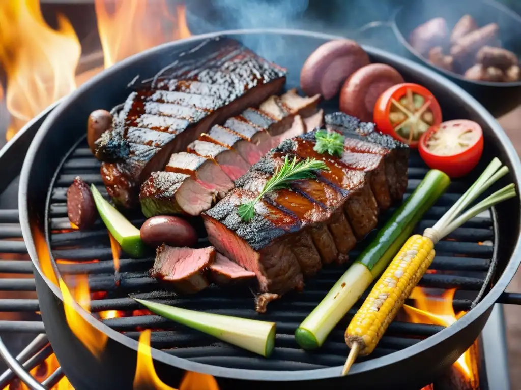 Deléitate con un asado uruguayo a baja temperatura: costillas, chorizos y vegetales a la parrilla, con un toque de humo y sabor irresistible