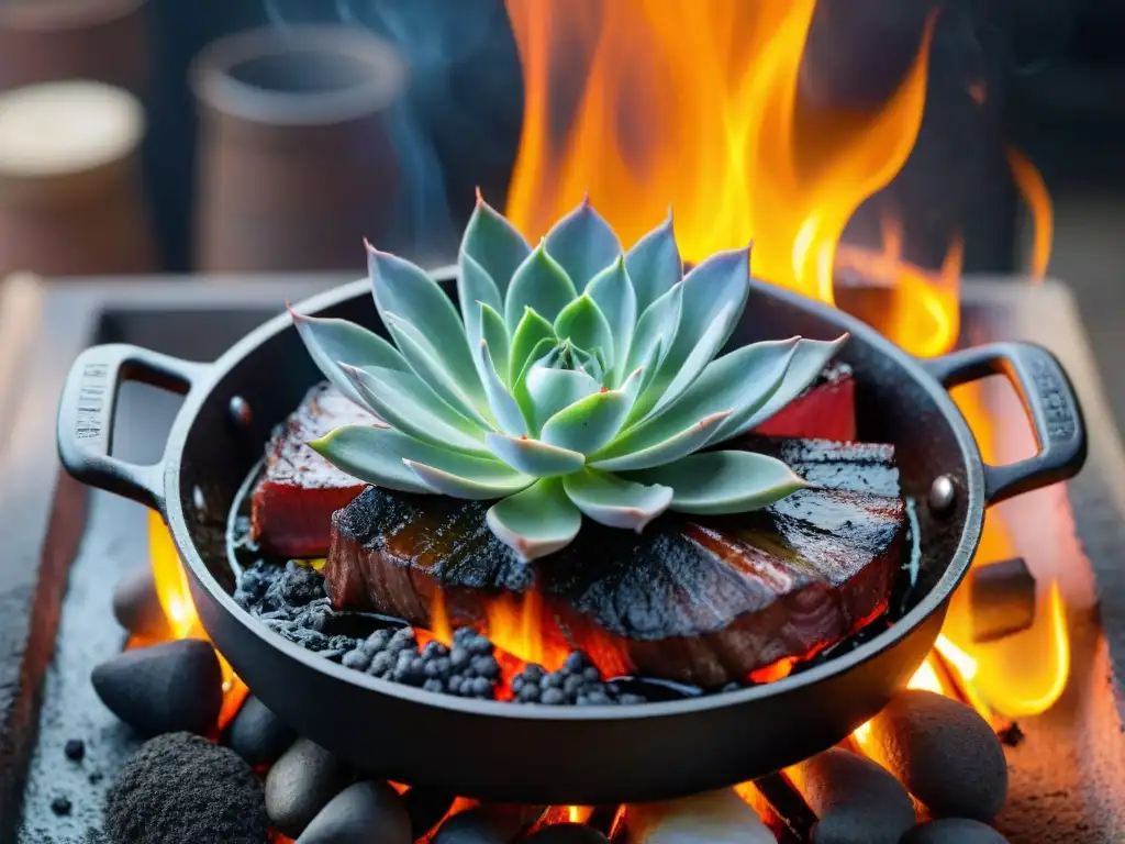 Un asado uruguayo se brasea lentamente sobre brasas, caramelizándose y exudando jugos, con hierbas y especias esparcidas encima