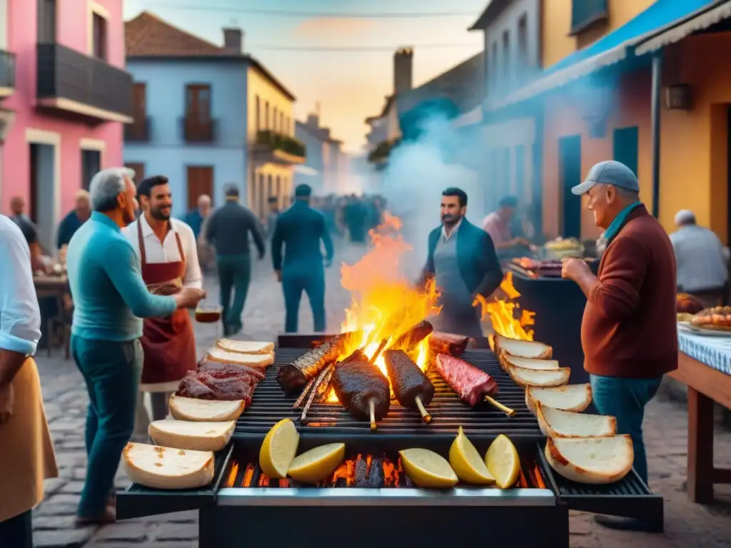 Un asado uruguayo en las calles de Ciudad Vieja, Montevideo, con locales y edificios coloniales