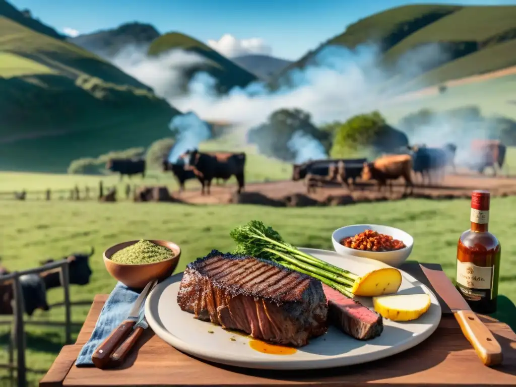 Un asado uruguayo en la campiña con gauchos asando carne premium, chimichurri y verduras a la parrilla