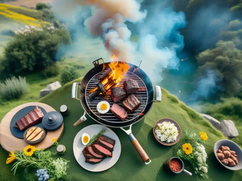 Un asado uruguayo en el campo, amigos disfrutando de técnicas ecológicas, rodeados de naturaleza y cielo azul