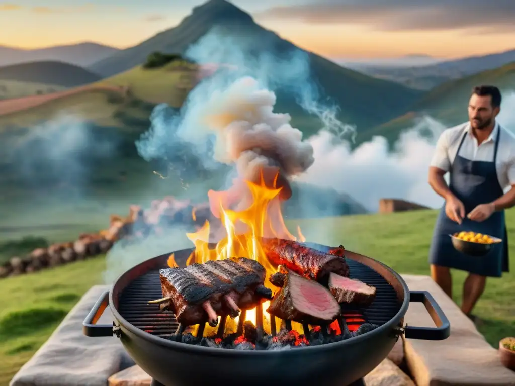 Un asado uruguayo en el campo: amigos y familia alrededor de la parrilla con cortes de carne, en un ambiente tradicional y acogedor