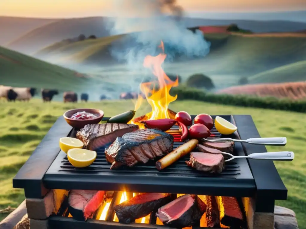 Un asado uruguayo en el campo al atardecer